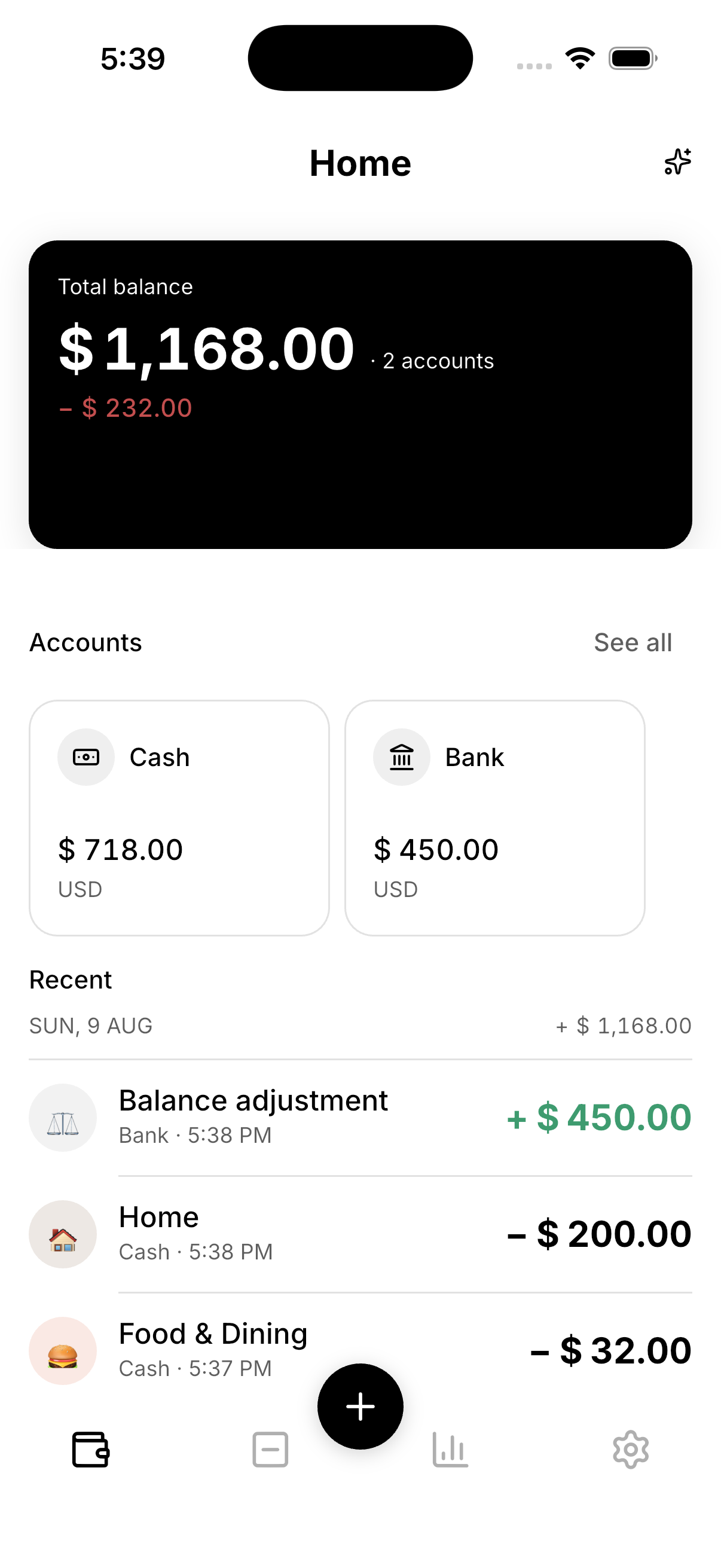 Saldo's Home screen: a $1,168.00 total balance across two accounts (Cash and Bank), and a list of recent transactions including a balance adjustment and Food & Dining expense